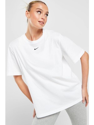 Nike Sportswear Organic Cotton Loose Fit T-Shirt Kadın Nakış Swooslu Bol Kesim Tişört Beyaz