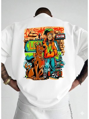 Afri Scooby-Doo & Shaggy Graffiti Baskılı Oversize T-Shirt - %100 Pamuk Süprem - Beyaz Streetwear Tişört