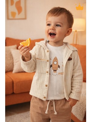 Baby Hola Roket Baskılı Müslin Kumaş Kapüşonlu Erkek Bebek Üçlü Takım Set Babyhola