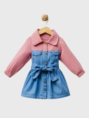 The Littles Kids Kız Çocuk %100 Pamuklu Müslin Kumaş Beli Kuşaklı Düğmeli Pembe Renk Kot Elbise