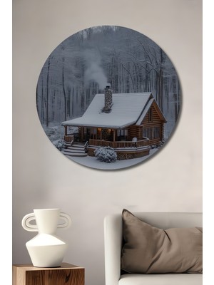 Teona Ahşap Kış Ormanı Kütük Ev Tablosu Yağlı Boya Görünümlü Dekoratif Ahşap Tablo Yuvarlak Duvar Tablosu