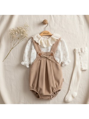 Bebezade Kız Bebek %100 Pamuk Kadife Romper & Fırfırlı Gömlek Takımı – Çoraplı 3 Parça Özel Gün Kombini