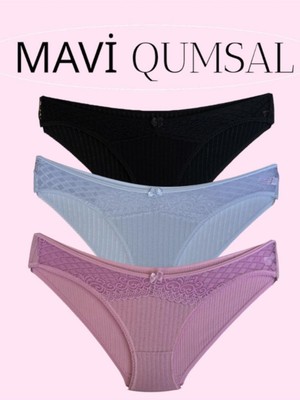 Mavi Qumsal Önü Dantelli Ribana Bikini 3'lü Set