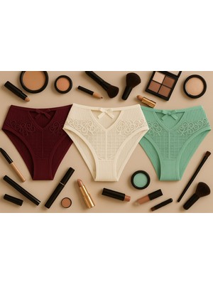 Mavi Qumsal Ön V Dantelli Arka Delikli Ribana Bikini 3'lü Set