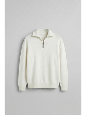 Abluka Online Erkek Yarım Fermuarlı Premium Kumaş Oversize Kazak Ekru