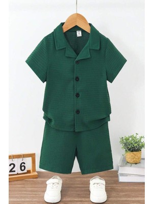 Bubito V Yaka Gömlek Detaylı Pamuklu Waffle Şort Takım-Haki