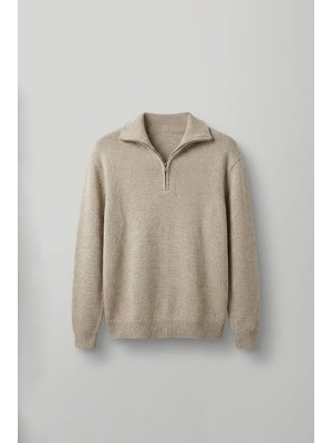 Abluka Online Erkek Yarım Fermuarlı Premium Kumaş Oversize Kazak Bej