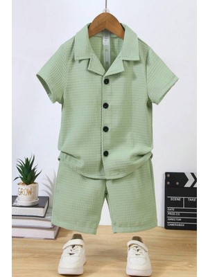 Bubito V Yaka Gömlek Detaylı Pamuklu Waffle Şort Takım-Yeşil