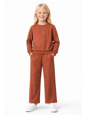 Zepkids Bisiklet Yaka Taş Baskılı Kiremit Renk Kız Çocuk Ikili Takım