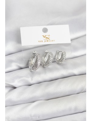 Hayat Store Pirinç Gümüş Renk Zirkon Taşlı Halka Model Ysx Trio Küpe Seti - Lisinya