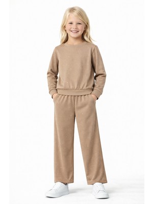 Zepkids Bisiklet Yaka Taş Baskılı Vizon Renk Kız Çocuk Ikili Takım