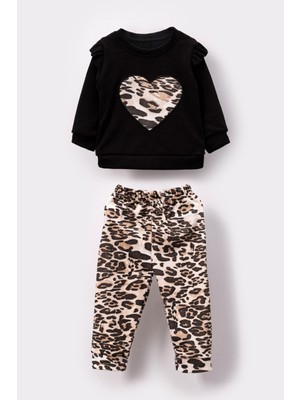 Bubito Leopar Desenli Kalp Detaylı Bebek Çocuk Alt Üst 2'li Takım-Bej