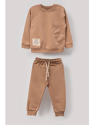 Bubito Tarz Etiketli Cepli Mevsimlik Pamuklu Bebek&çocuk 2'li Alt Üst Takım-Bej