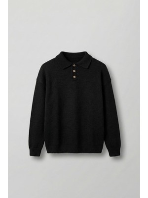 Abluka Online Erkek Oversize Düğmeli Triko Kazak Siyah
