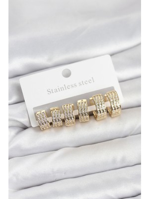 Hayat Store 316L Çelik Zirkon Taşlı Gold Halka Küpe Seti - Lisinya
