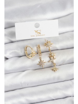 Hayat Store Pirinç Gold Renk Zirkon Taşlı Kutup Yıldızı Model Ysx Trio Küpe Seti - Lisinya