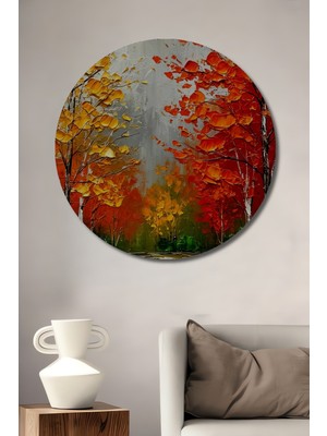 Teona Ahşap Sonbahar Ormanı Ağaçları Yağlı Boya Görünümlü Dekoratif Ahşap Tablo Yuvarlak Duvar Tablosu