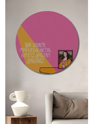 Teona Ahşap Mona Lisa Esprili Sulu Boya Görünümlü Ahşap Dekoratif Tablo Yuvarlak Duvar Tablosu