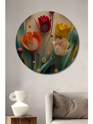 Teona Ahşap Kır Gülü Kağıt Sanatı Görünümlü Dekoratif Ahşap Tablo Yuvarlak Duvar Tablosu