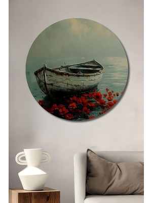 Teona Ahşap Ahşap Dekoratif Tablo Kırmızı Gelincikler ve Eskitme Tekne Görünümlü Yağlı Boya Sanat Yuvarlak Duvar Tablosu