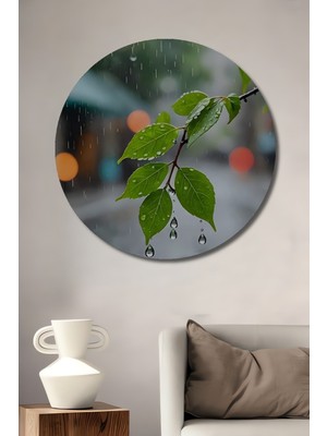 Teona Ahşap Yağmur Damlalı Yapraklar Yağlı Boya Görünümlü Dekoratif Ahşap Tablo Yuvarlak Duvar Tablosu