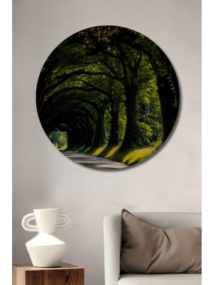Teona Ahşap Büyülü Yeşil Tünel Yağlı Boya Görünümlü Ahşap Dekoratif Tablo Yuvarlak Duvar Tablosu