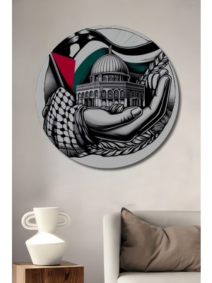 Teona Ahşap Filistin Bayrağı Desenli Kubbetüssahra Ahşap Dekoratif Tablo Yuvarlak Duvar Tablosu