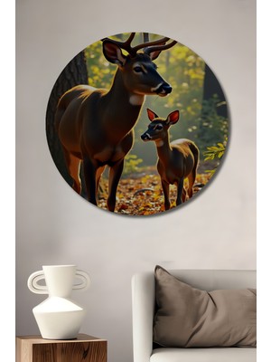 Teona Ahşap Büyüleyici Geyik Ailesi Yağlı Boya Görünümlü Ahşap Dekoratif Tablo Yuvarlak Duvar Tablosu