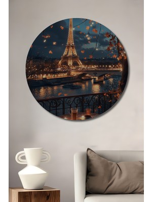 Teona Ahşap Eyfel Kulesi Manzaralı Romantik Paris Akşamı Yağlı Boya Görünümlü Ahşap Dekoratif Tablo Yuvarlak Duvar Tablosu