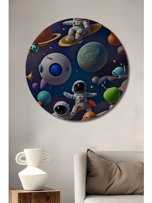 Teona Ahşap Uzay Macerası Astronot Dijital Sanat Ahşap Tablo Yuvarlak Duvar Tablosu