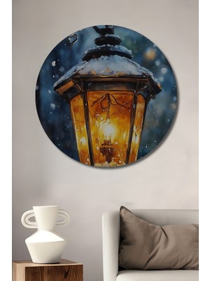 Teona Ahşap Sulu Boya Görünümlü Kış Sokak Lambası Ahşap Dekoratif Tablo Yuvarlak Duvar Tablosu
