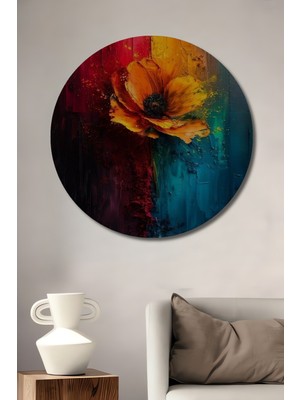 Teona Ahşap Canlı Renkler ve Kırmızı Papapya Çiçeği Yağlı Boya Görünümlü Ahşap Dekoratif Tablo Yuvarlak Duvar Tablosu