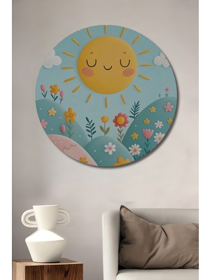 Teona Ahşap Neşeli Güneş ve Çiçek Tarlası Yağlı Boya Görünümlü Dekoratif Ahşap Tablo Yuvarlak Duvar Tablosu