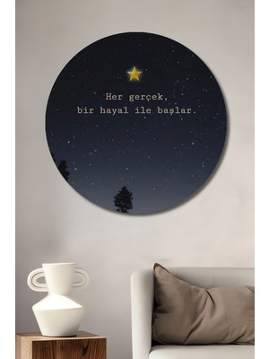 Teona Ahşap Yıldız Dolu Gök Masalsı Manzara Ahşap Dekoratif Tablo Yuvarlak Duvar Tablosu
