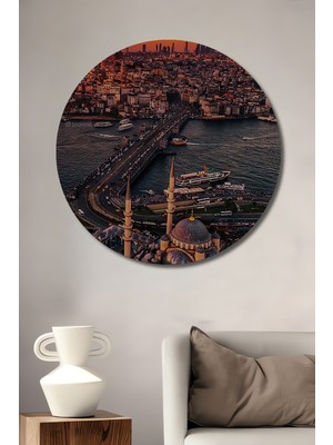 Teona Ahşap Muhteşem Gün Batımı Manzaralı İstanbul Silüeti Yağlı Boya Görünümlü Dekoratif Ahşap Tablo  Yuvarlak Duvar Tablosu