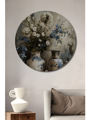 Teona Ahşap Mavi Beyaz Çiçekli Vazo Yağlı Boya Görünümlü Dekoratif Ahşap Tablo Yuvarlak Duvar Tablosu