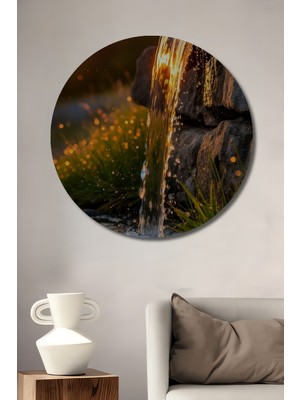 Teona Ahşap Altın Işıltılı Şelale Yağlı Boya Görünümlü Ahşap Dekoratif Tablo Yuvarlak Duvar Tablosu
