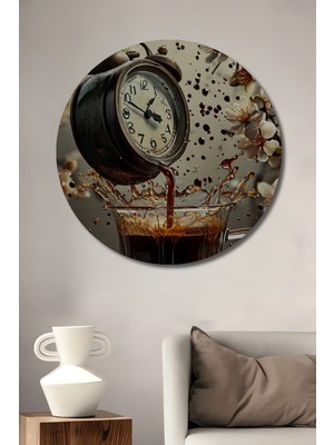 Teona Ahşap Yağlı Boya Görünümlü Saatin Kahve Şöleni Ahşap Dekoratif Tablo  Yuvarlak Duvar Tablosu