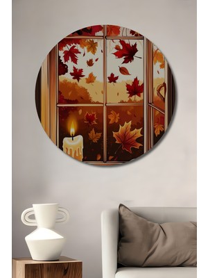 Teona Ahşap Sonbahar Penceresi Yağlı Boya Görünümlü Dekoratif Ahşap Tablo Yuvarlak Duvar Tablosu