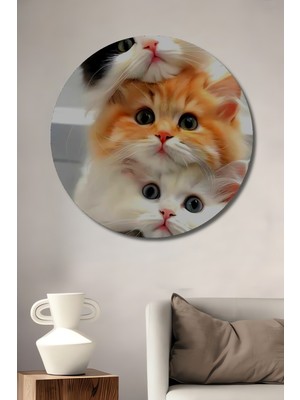 Teona Ahşap Pırıl Pırıl Yavru Kediler Yağlı Boya Görünümlü Dekoratif Ahşap Tablo Yuvarlak Duvar Tablosu