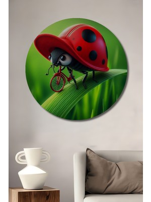 Teona Ahşap Şirin Uçan Böcek Bisiklet Temalı Yağlı Boya Görünümlü Ahşap Dekoratif Tablo Yuvarlak Duvar Tablosu