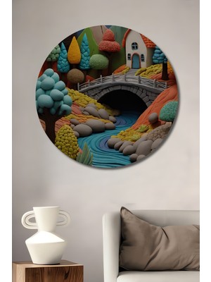 Teona Ahşap Masalsı Doğa Köy Evi Baskı Tablo Yuvarlak Duvar Tablosu