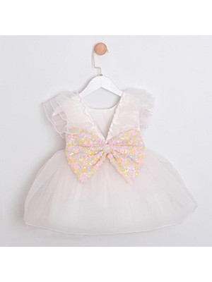 ministok Konfeti Arkası Fiyonklu Payetli Beyaz Elbise