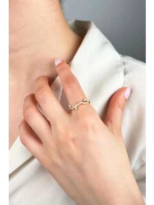 Sose Moda Zirkon Taşlı Ince Asimetrik Yüzük - Gold