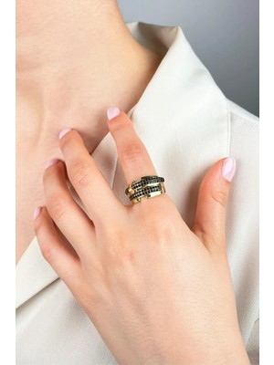 Sose Moda Siyah Zirkon Taşlı Asimetrik Yüzük - Gold