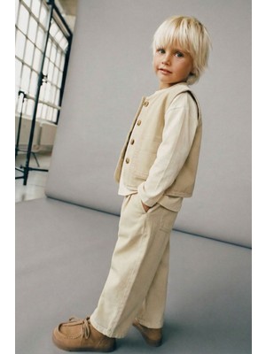 Magu Unisex Çocuk Bej Yelek Tişört ve Pantolon Takım