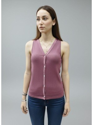 Afri Kadın Gül Kurusu V Yaka Düğmeli Fitilli Kaşkorse Atlet - Kolsuz Ince Örme Bluz