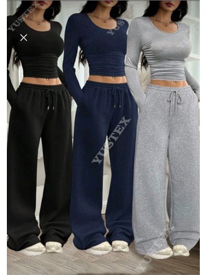 Elvin Moda Kışlık З'lü Siyah Gri Lacivert Bol Paça Kışlık Eşofman Altı Eşofman Altı Battal Beden