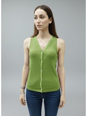 Afri Kadın Yeşil V Yaka Düğmeli Fitilli Kaşkorse Atlet - Kolsuz Ince Örme Bluz