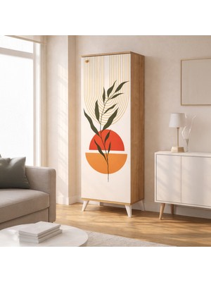 Just Home Modern Çizgili Baskılı Çok Amaçlı Dolap - Beyaz / Safir Meşe - 136 cm